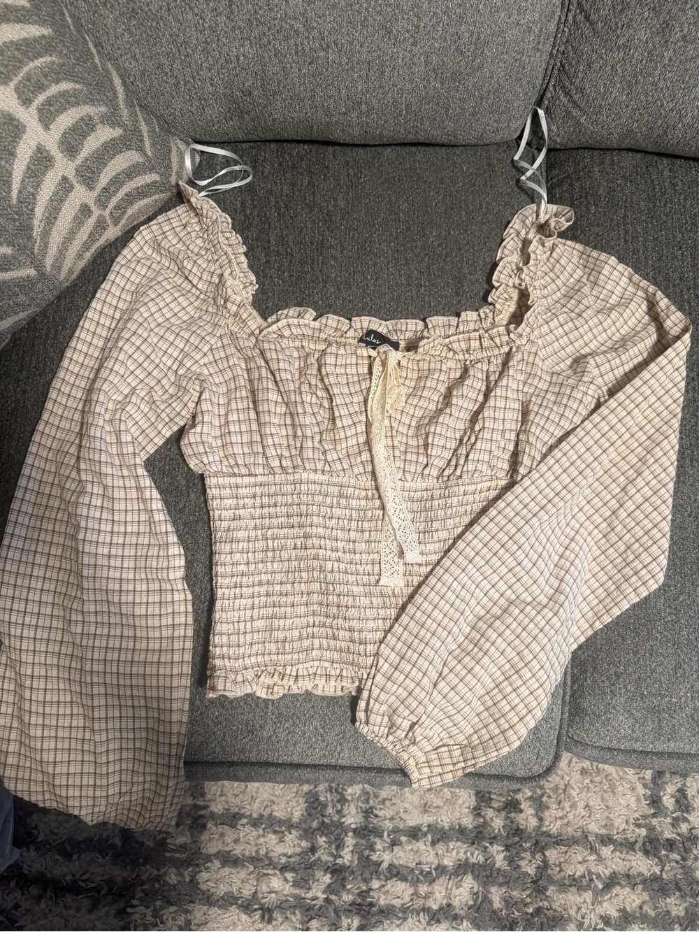 Lulus Smocked Plaid Peasant Blouse